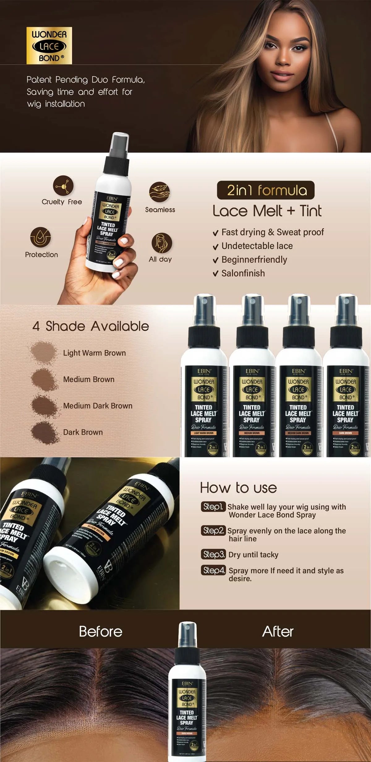 Ebin New York Wonder Lace Bond Tinted Lace Melt Spray 3.38oz/ 100ml - Strong Hold, Natural Tint, Perfect for Invisible Lace