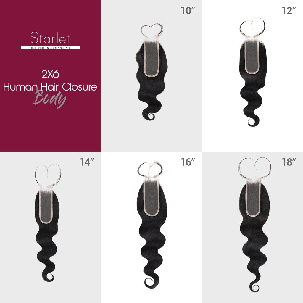 Starlet 100% Virgin Unprocessed Human Hair 2X6 Closure Body Wave (10"-18")