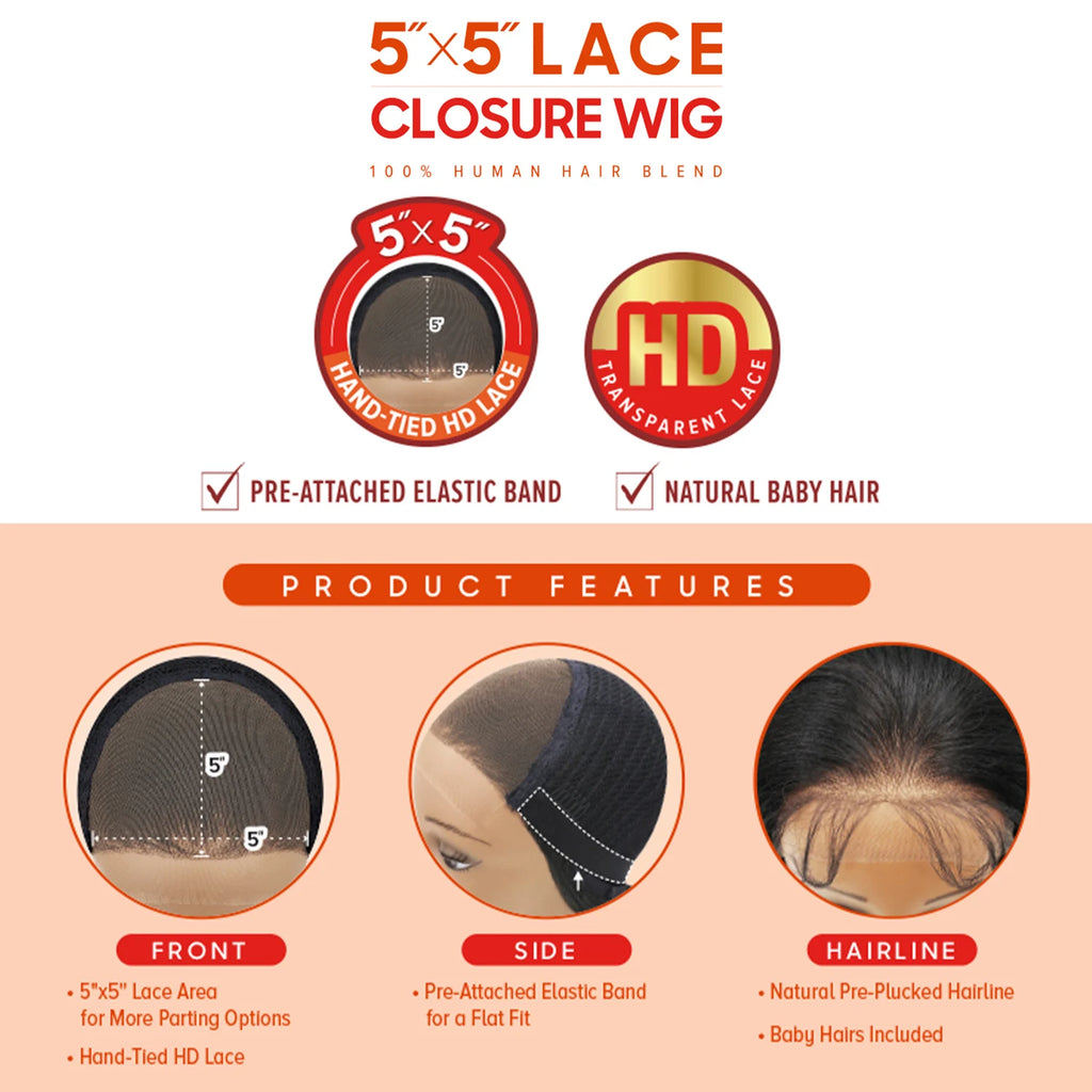 Outre Human Hair Blend Glueless HD 5X5 Lace Closure Synthetic Wig Yaki Straight 26"