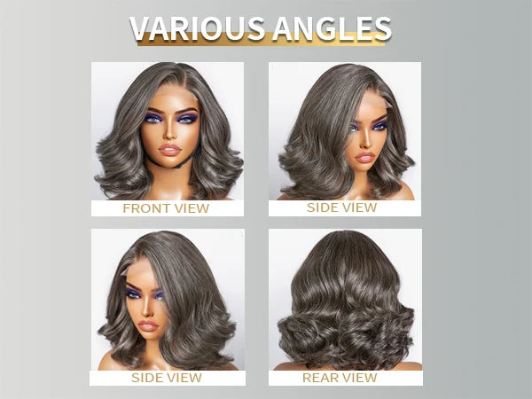 Salt and Pepper Loose Wave Lace Front Bob Wig Human Hair Side Part 5x5 HD Closure Lace Wig Ready To for Black Women
