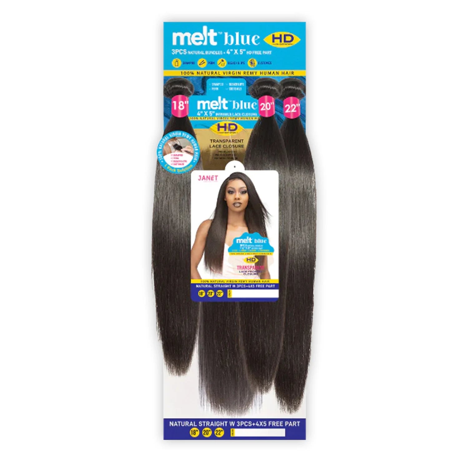 Janet Collection Virgin Remy Human Hair Melt Blue Natural Straight 3pcs with 4X5 HD Free Part Lace Frontal Closure