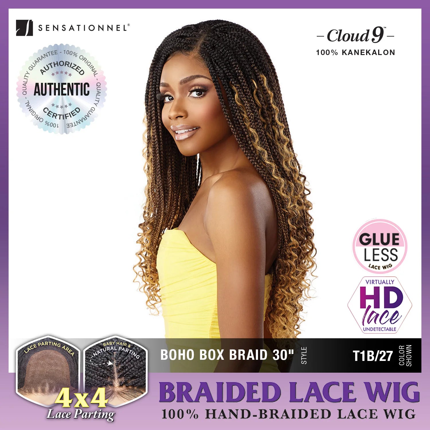 Sensationnel Braided HD Lace Wig Cloud 9 Glueless 4X4 Lace Parting Boho Box Braid 30" - Lightweight, Hand tied Parting