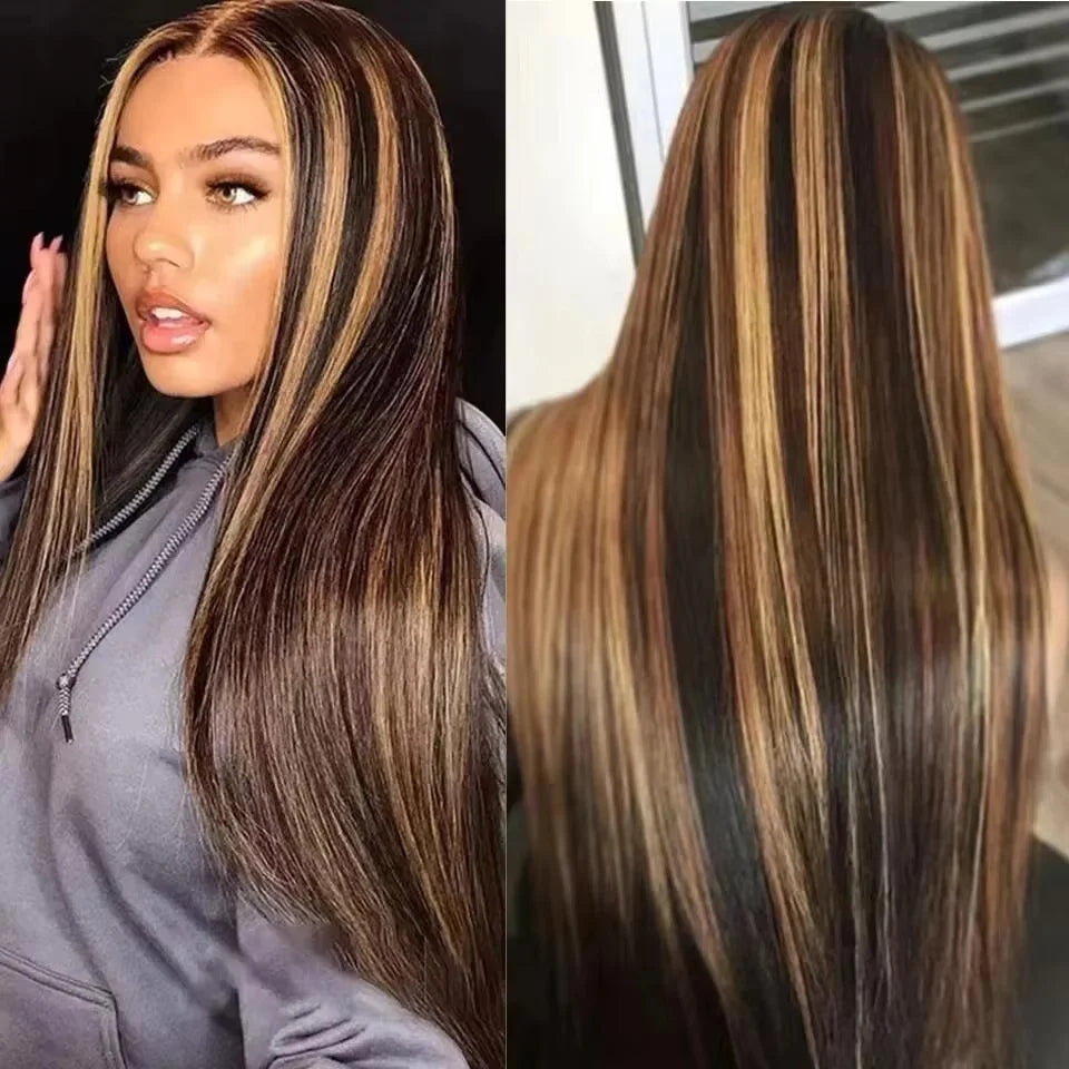 Wear and Go 4/27 Blonde Ombre Lace Front Wig Human Hair 13x4 HD Lace Wig 180% Density Straight Ombre Highlight Lace Front Wig