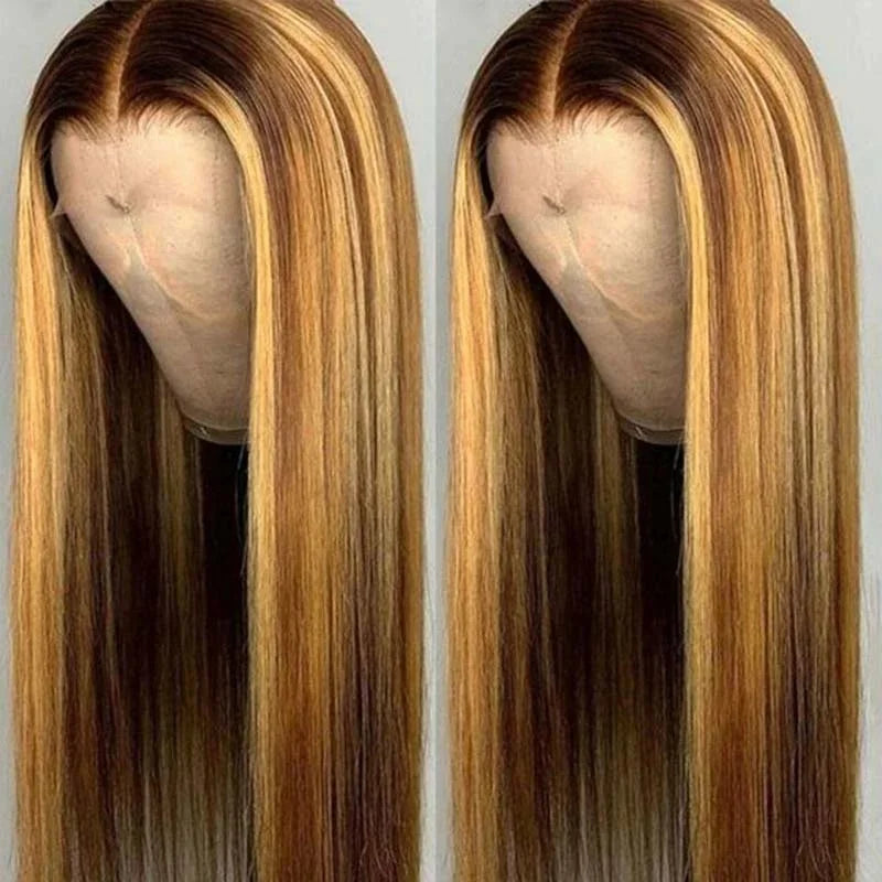 Wear and Go 4/27 Blonde Ombre Lace Front Wig Human Hair 13x4 HD Lace Wig 180% Density Straight Ombre Highlight Lace Front Wig