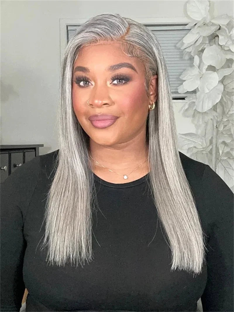 13x4 HD Transparent Pepper Gray Beginner Friendly Straight Lace Front Wigs 250 Density Glueless Straight Wig 100% Human Hair Wig