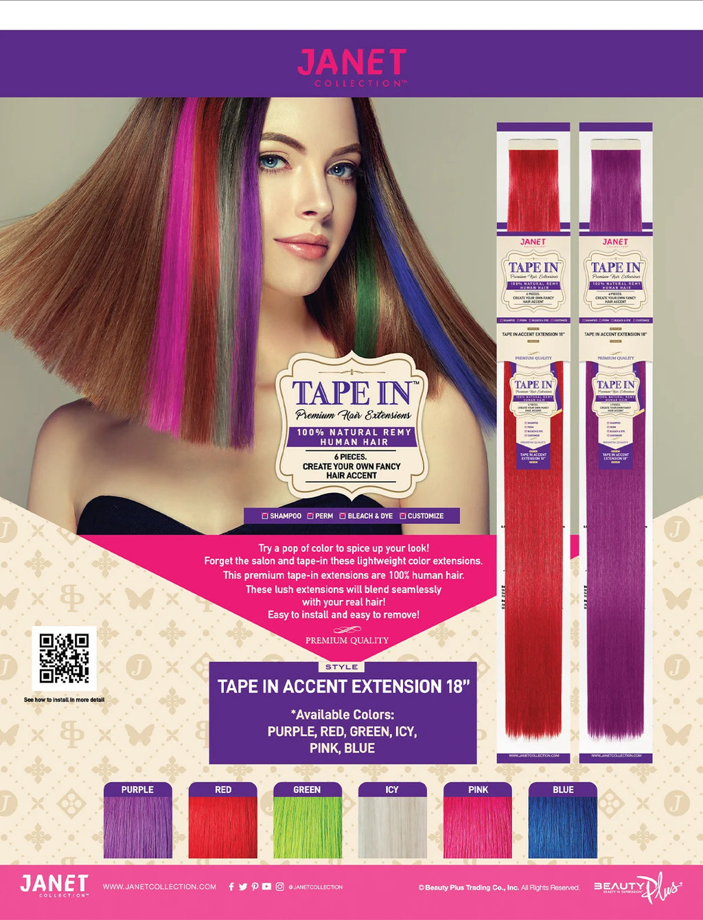 Janet Collection Natural Remy Human Hair Tape in Accent Extension 6Pcs