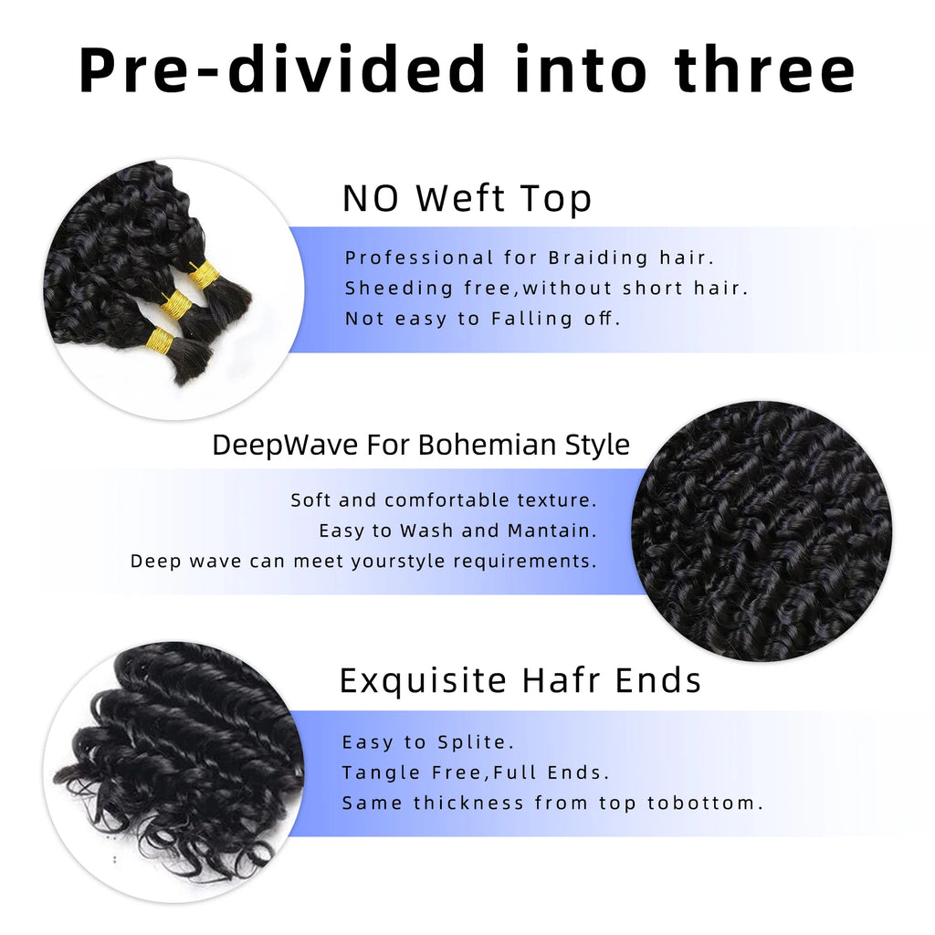 12A No Weft Human Hair Human Braiding Hair Deep Wave Bulk Human Hair Bundles Micro Human Braiding Hair for Boho Braids