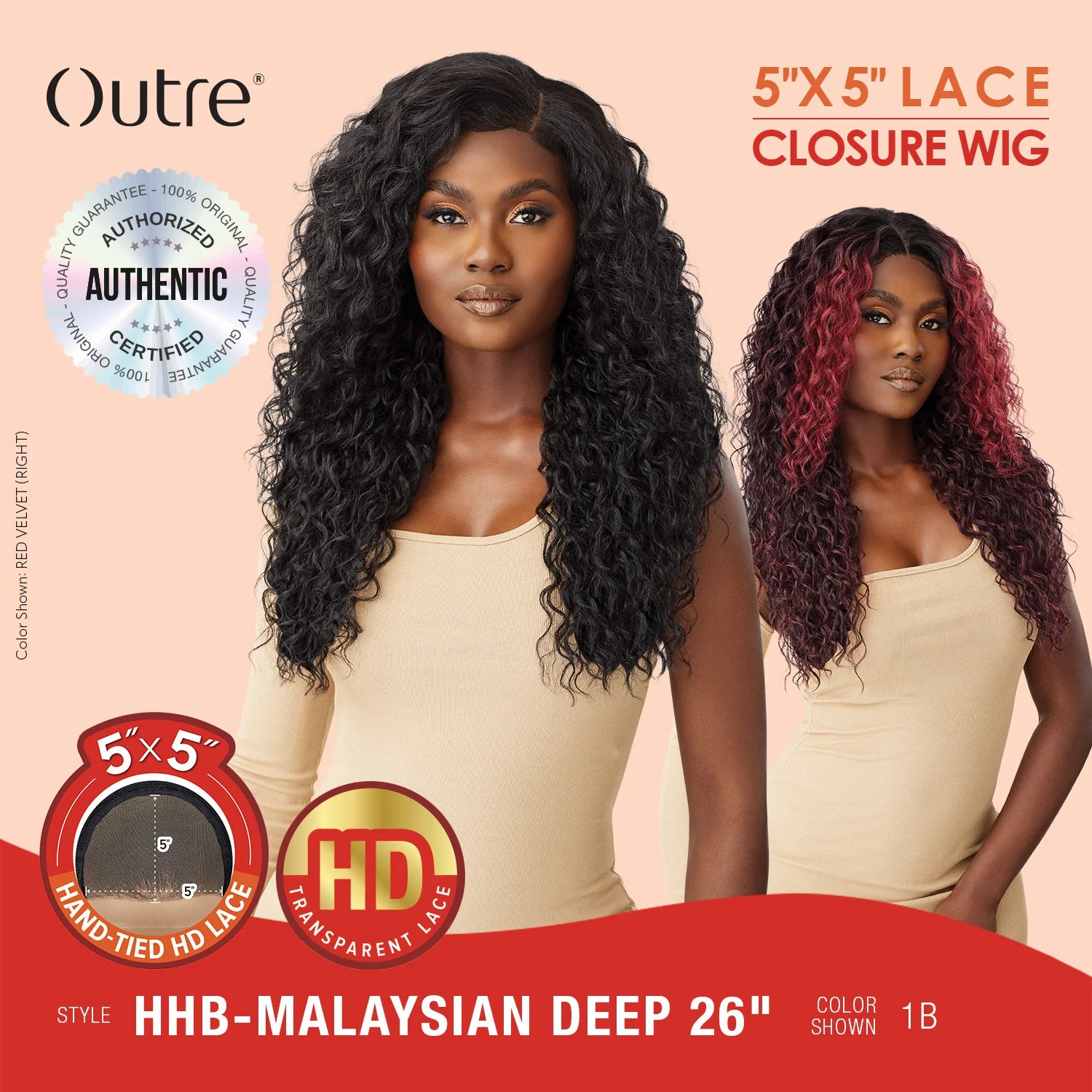 Outre Human Hair Blend Glueless HD 5X5 Lace Closure Wig Malaysian Deep 26" - Deep Curl Style, Soft & Smooth, Luxurious Length