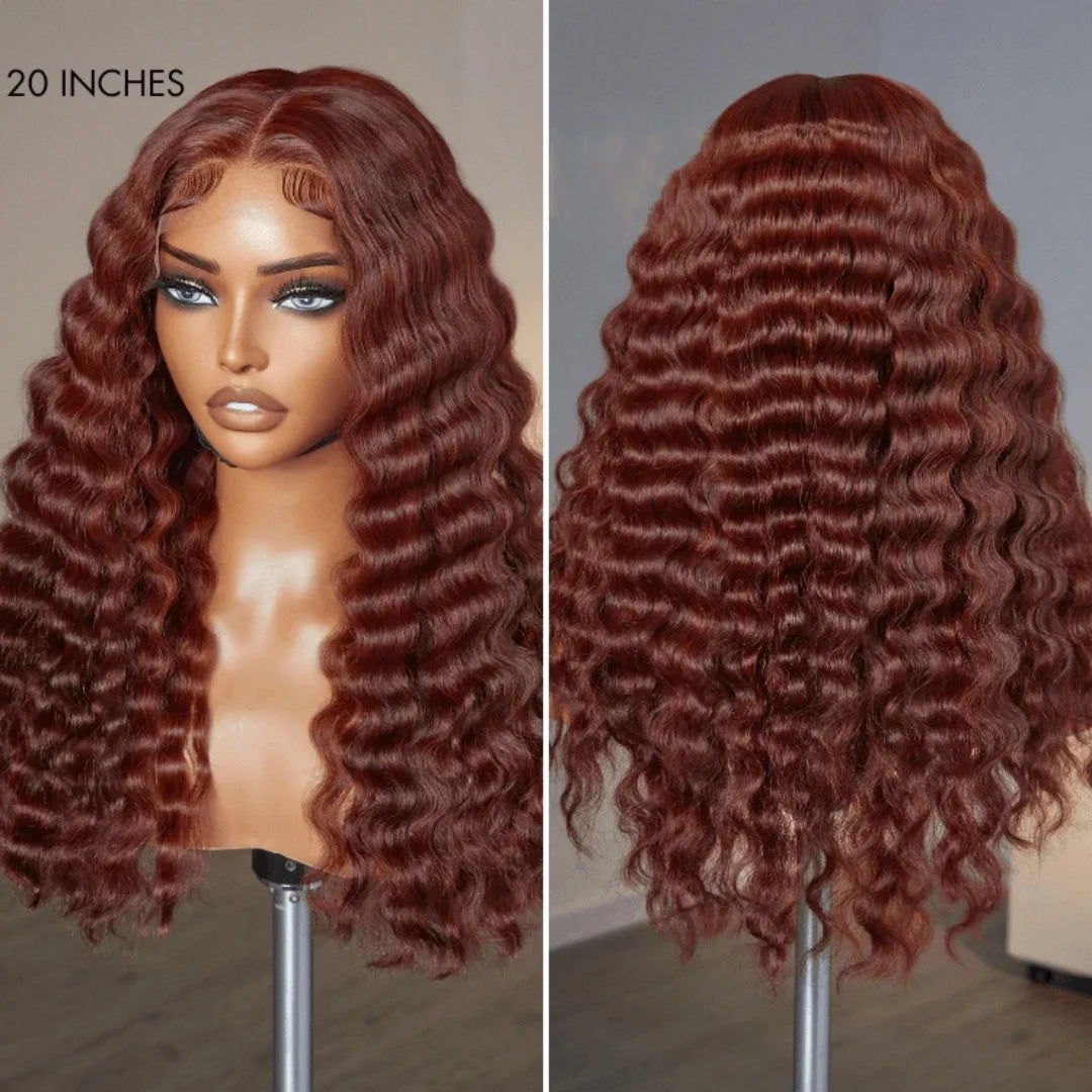 18 Inch Brazilian Glueless Reddish Brown Deep Wave Frontal Wig 180% Density Copper Red Curly 13x4 Lace Frontal Human Hair Wig
