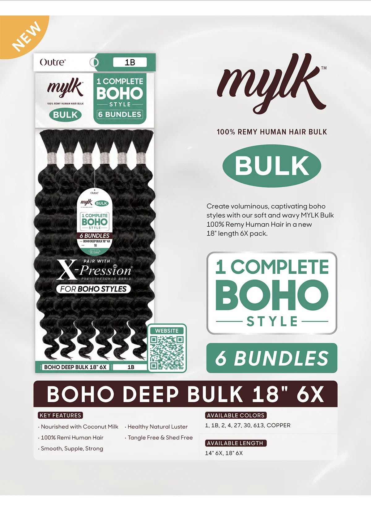 Outre Remi Human Hair Braids Mylk Boho Deep Bulk 18" 6X
