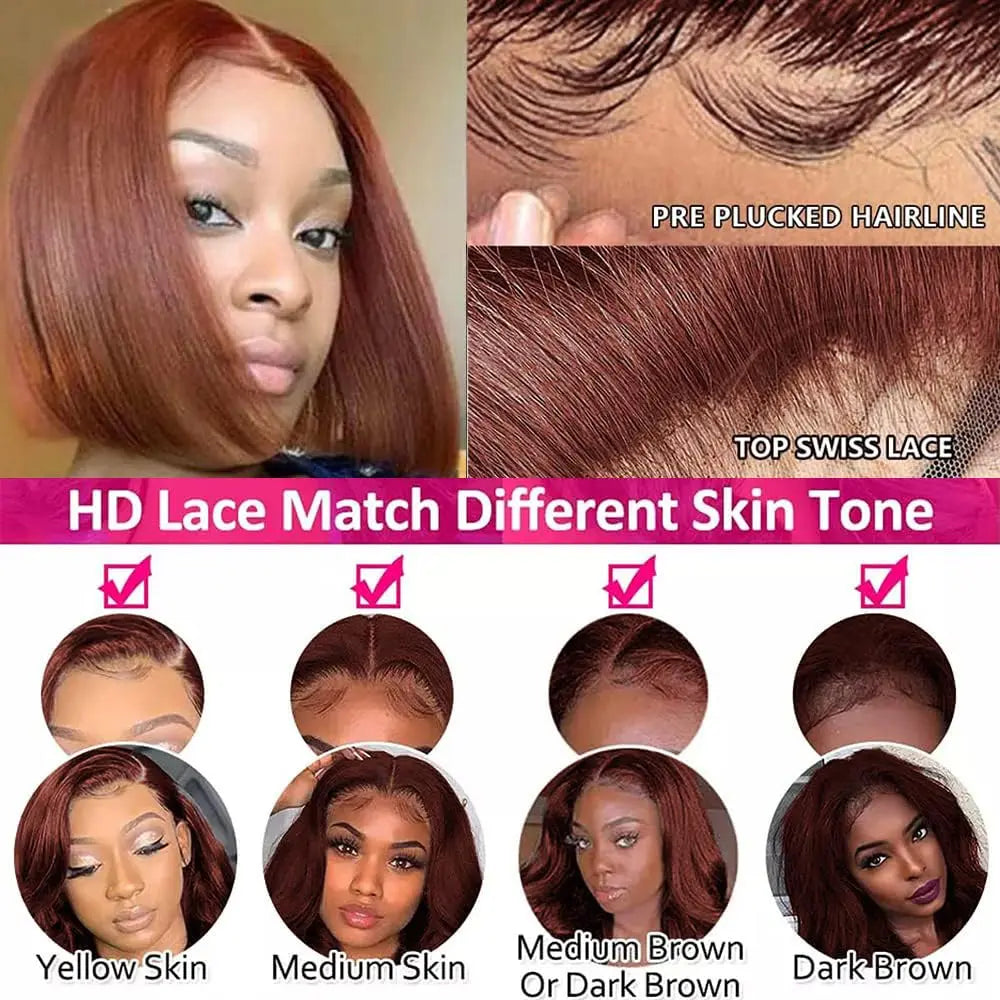 Reddish Brown Glueless Bob Wig Human Hair Straight Bob Wig 180% Density Upgrade 7×5 Glueless Hd Lace Closure Bob Wig Brown #33