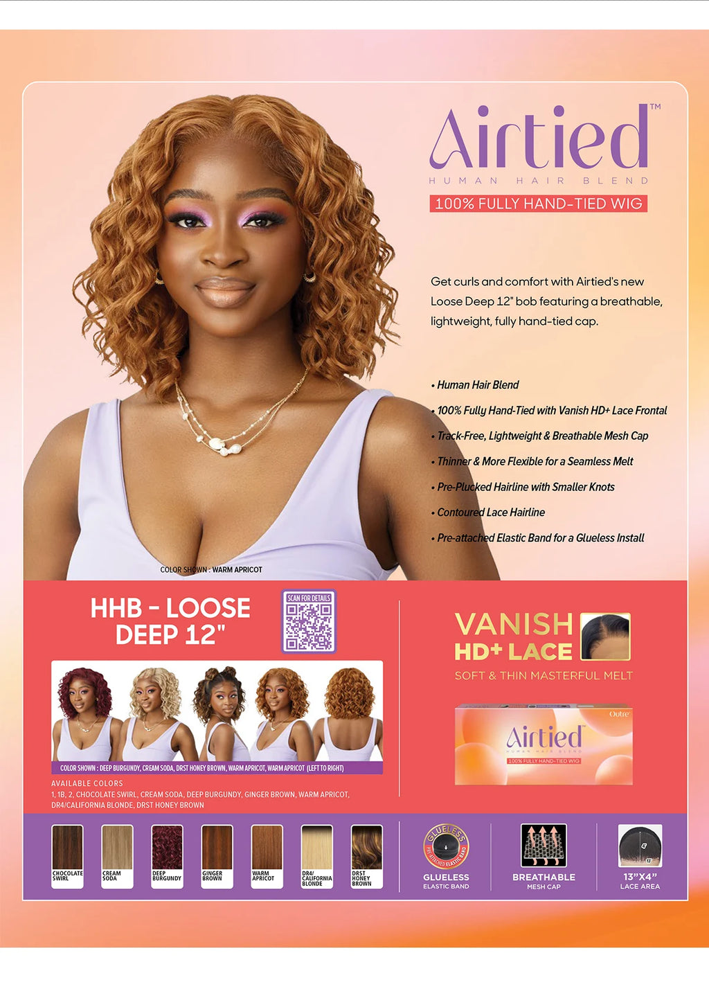 Outre Human Hair Blend HD Lace Front Synthetic Wig Airtied Glueless Fully Hand-Tied 13X4 HHB-Loose Deep 12"