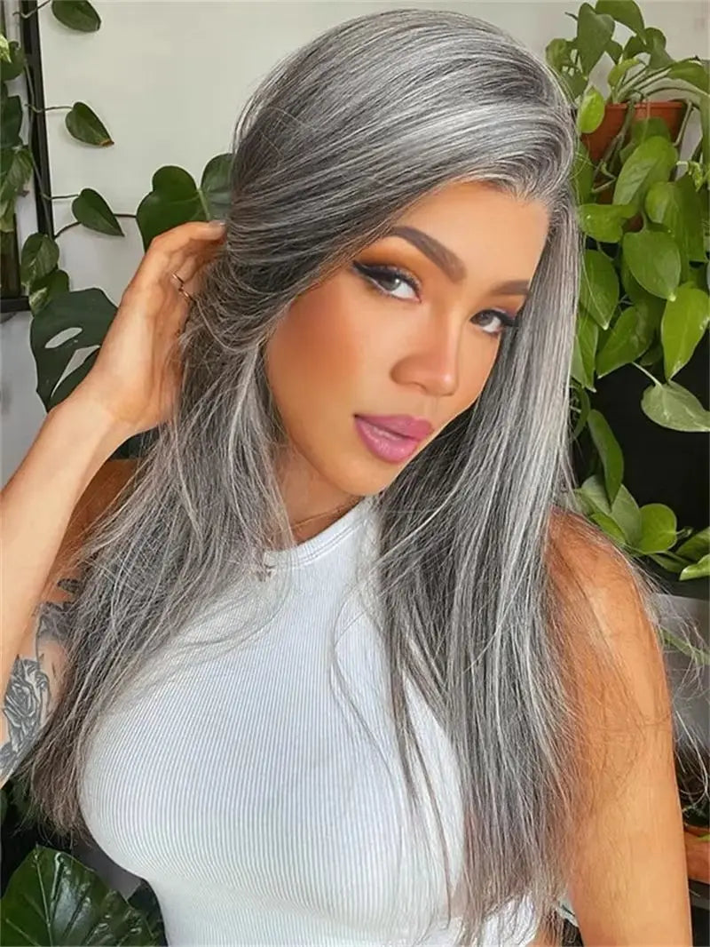 13x4 HD Transparent Pepper Gray Beginner Friendly Straight Lace Front Wigs 250 Density Glueless Straight Wig 100% Human Hair Wig