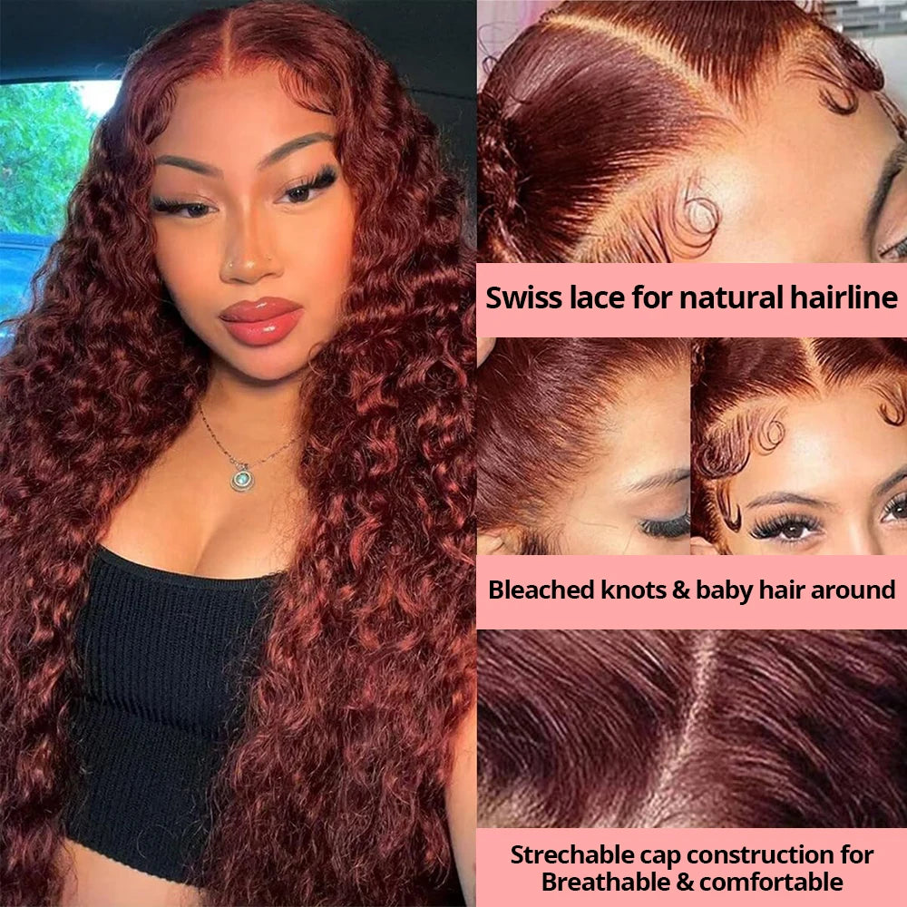 13x4 HD Lace Frontal Wig 40 Inch Brazilian Deep Wave Glueless Lace Wig in Dark Reddish Brown with 7x5 Closure Human Hair Wig