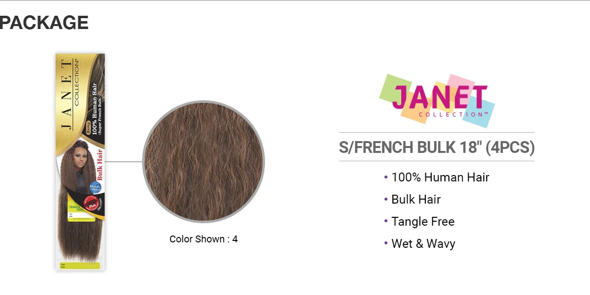 Janet Collection Wet n Wavy Human Hair Braids Super French Bulk 4Pcs –Natural Curls, Ultra Soft, Easy Braiding, French Elegance