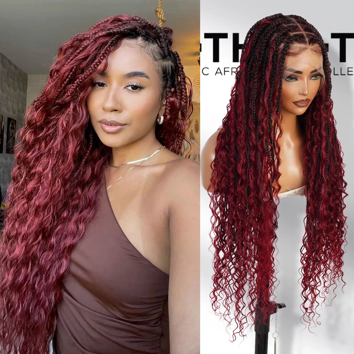 Authentic Glueless Full Lace Braided Wig Medium Knotless Boho Box Braid Deep Twist 32" BW Unit3