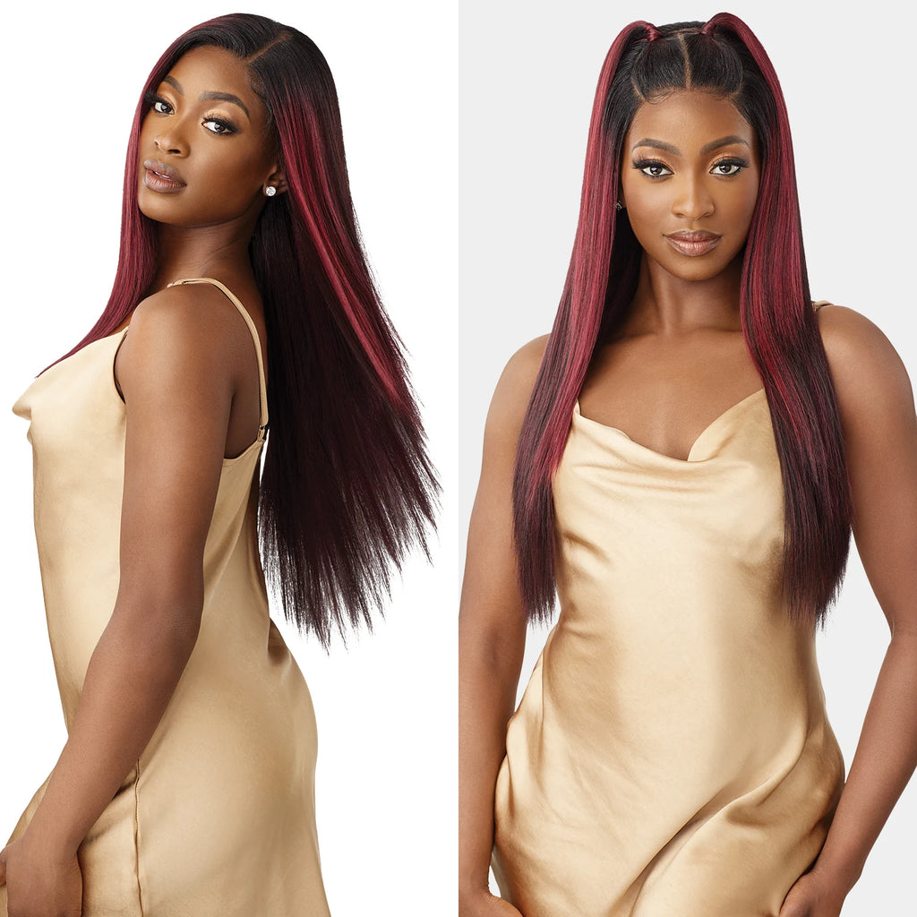 Outre Human Hair Blend Glueless HD 5X5 Lace Closure Synthetic Wig Yaki Straight 26"