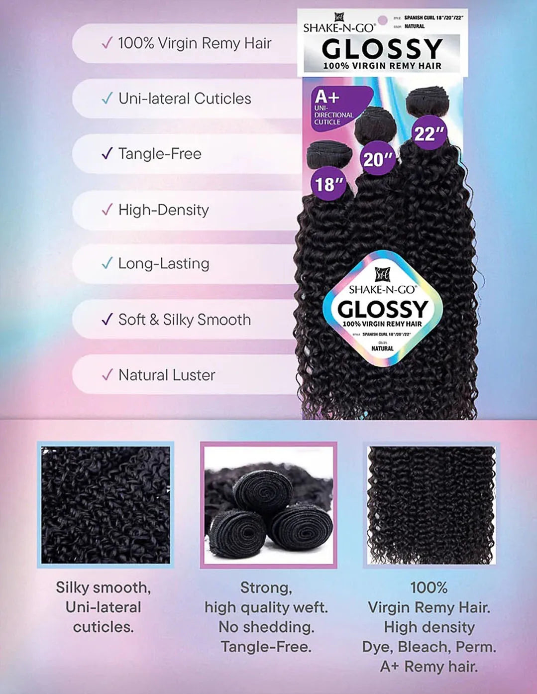 Shake-N-Go Glossy Virgin Remy Hair Weave 3 Bundles Spanish Curl – Soft, Shiny, Natural Look, Full Volume, Easy Styling