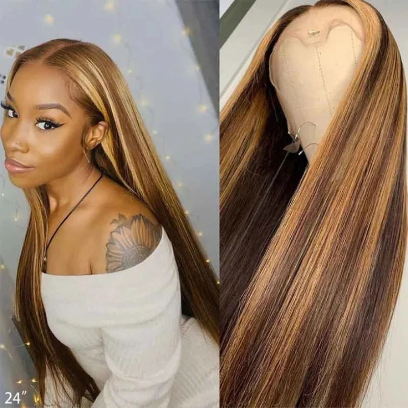 Wear and Go 4/27 Blonde Ombre Lace Front Wig Human Hair 13x4 HD Lace Wig 180% Density Straight Ombre Highlight Lace Front Wig