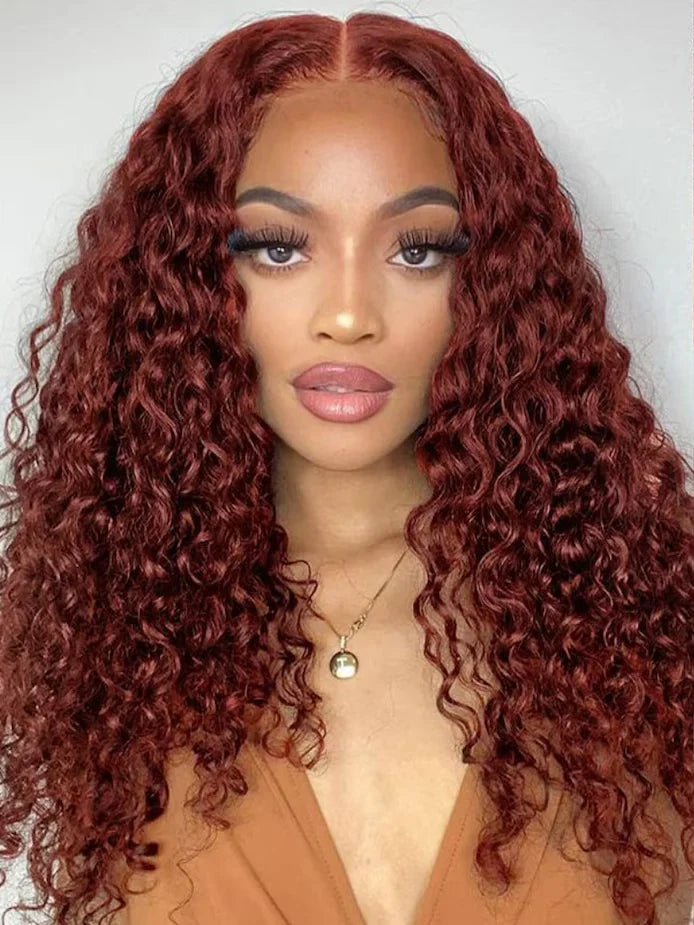 13x4 HD Lace Frontal Wig 40 Inch Brazilian Deep Wave Glueless Lace Wig in Dark Reddish Brown with 7x5 Closure Human Hair Wig