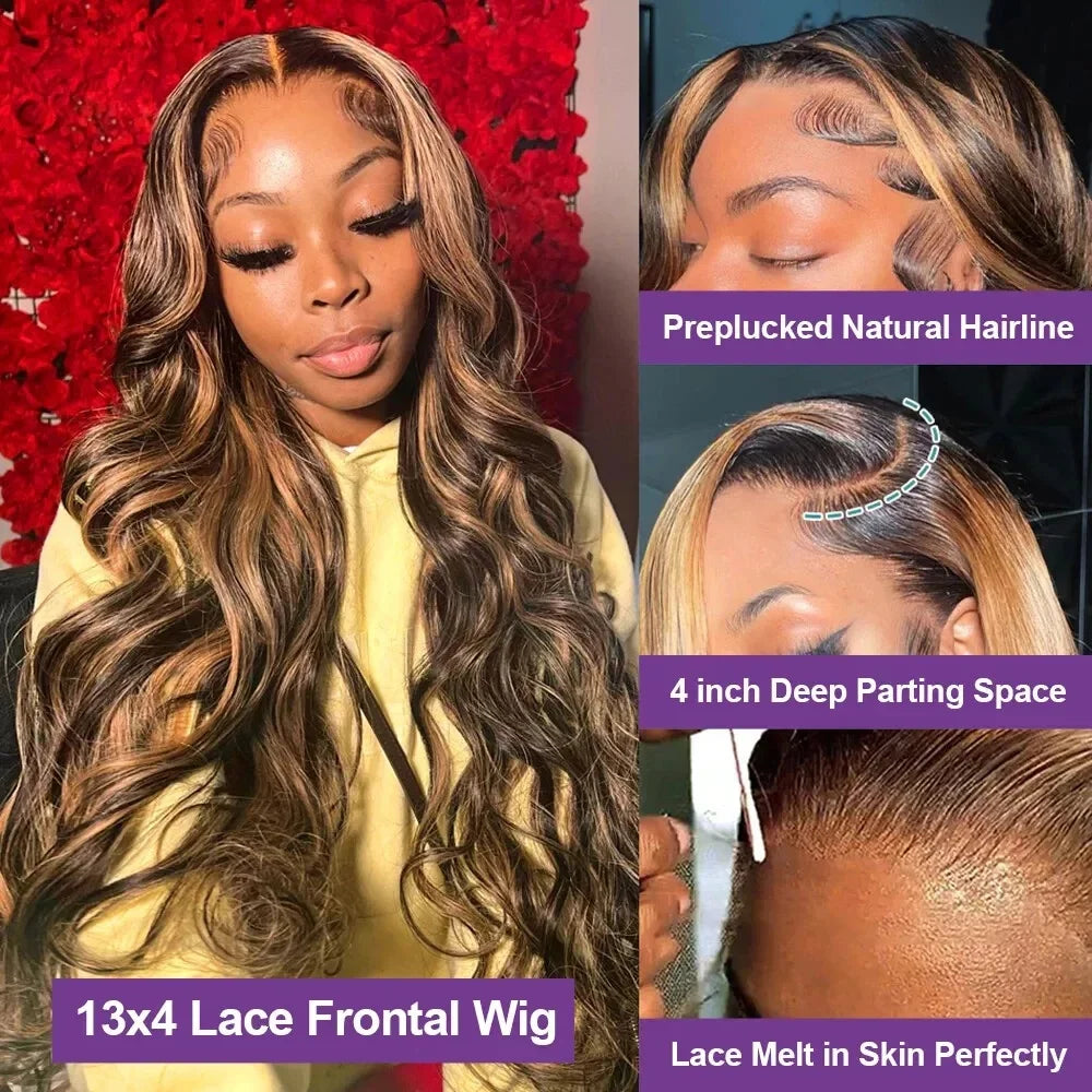 Highlight Brown 13x6 HD Lace Front Wig Body Wave Hair P4/27 Ombre Color 7x5 Glueless Human Hair Lace Frontal Wigs 250% Density