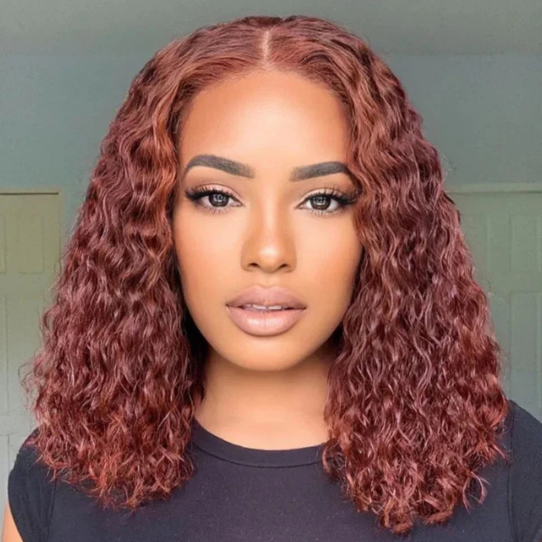 180% Density Copper Red Glueless Reddish Brown Deep Lace Short Bob Frontal Wigs 13x4 Lace Frontal Wigs Remy Curly Hair