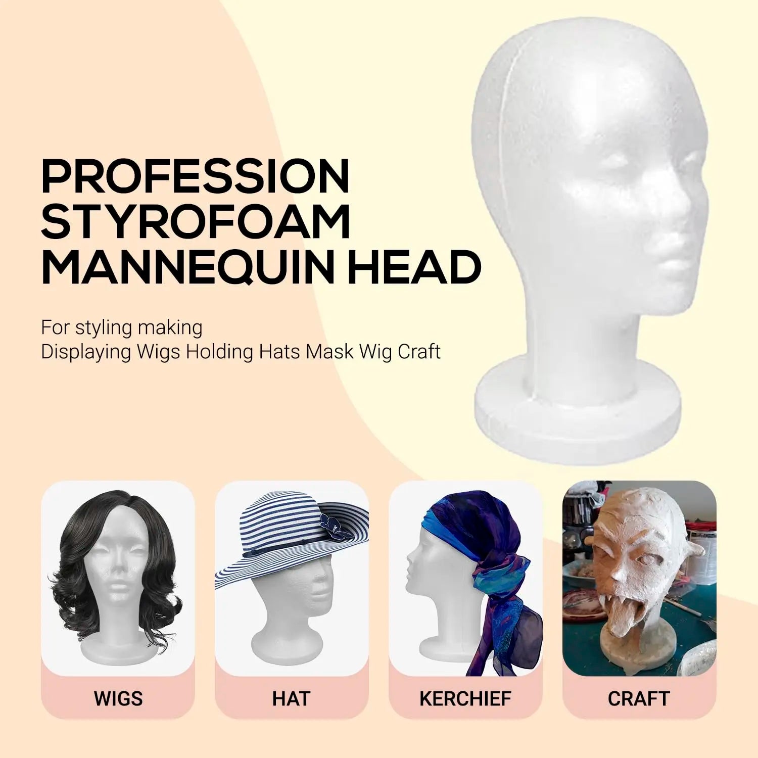 Studio Limited White Styrofoam Mannequin Head - Lightweight, Ideal for Styling, Displaying Wigs