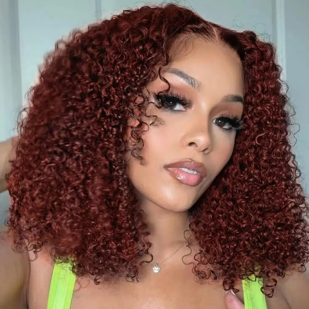 180% Density Copper Red Glueless Reddish Brown Deep Lace Short Bob Frontal Wigs 13x4 Lace Frontal Wigs Remy Curly Hair