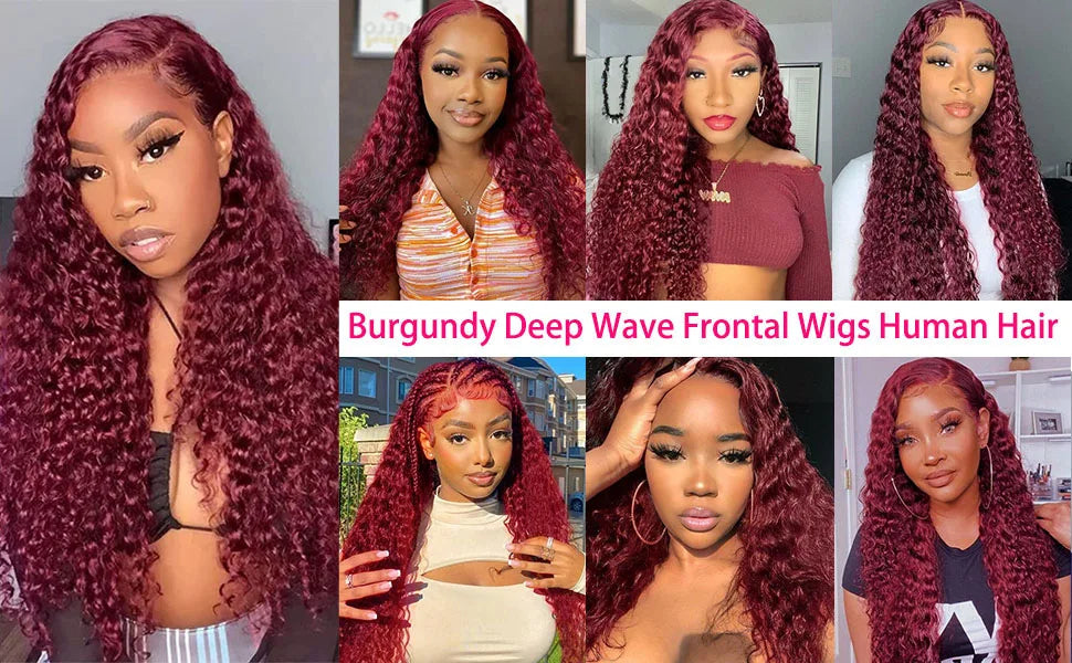 99J Deep Wave 180% Burgundy Curly Brazilian Red Colored Hair 13x4 13×6 HD Transparent Lace Front Human 34 Inches Remy Hair