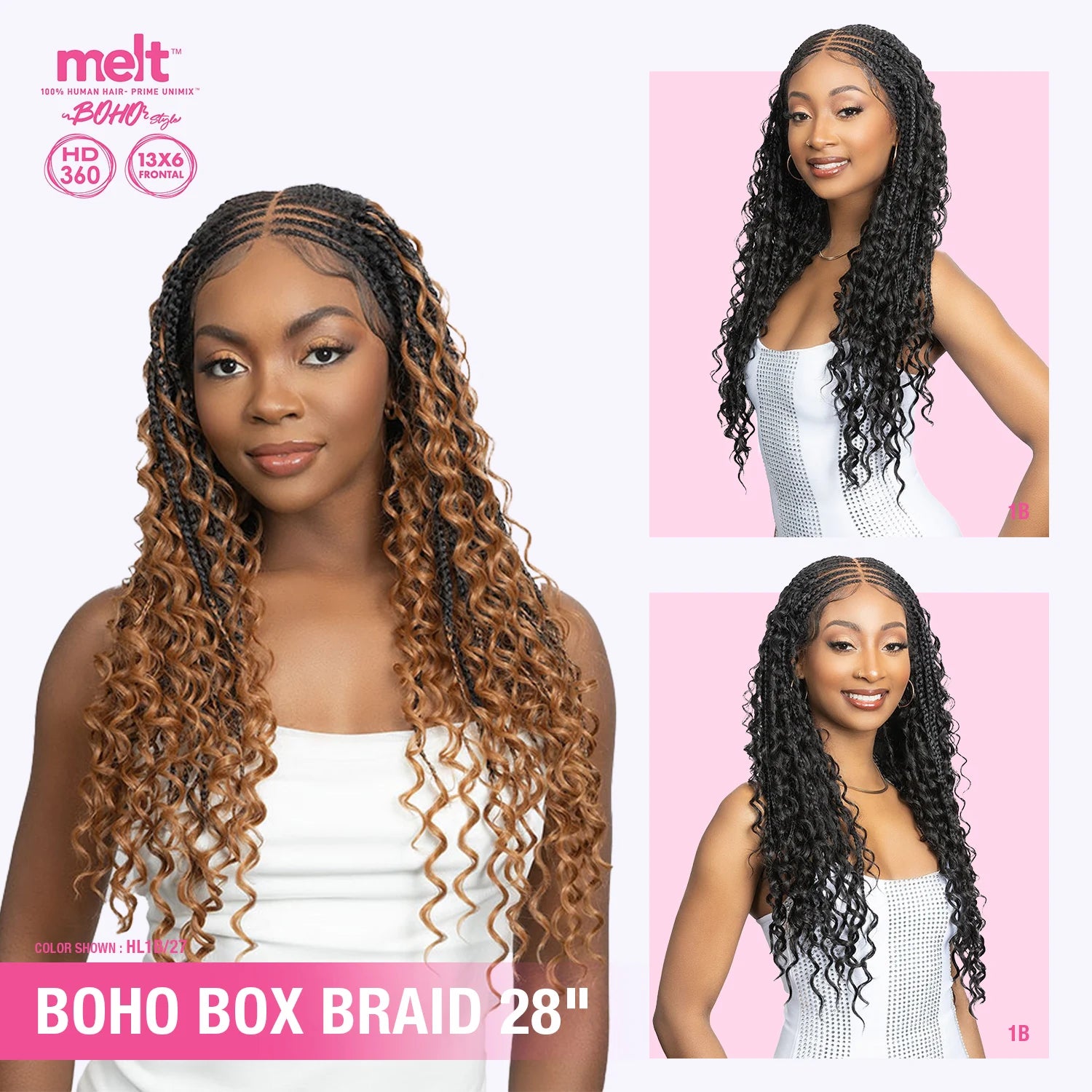 Janet Collection Human Hair Blend HD Lace Frontal Synthetic Wig 360 Glueless Melt Hand-Tied 13X6 Boho Box Braid 28"