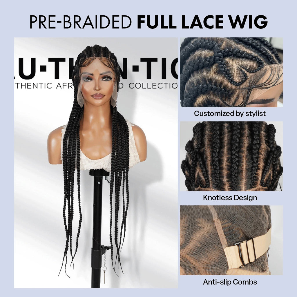 Authentic Glueless Full Lace Braided Wig Jumbo Straight Back Feed-In Braids Crisscross Heart Design 1B 36" BW Unit6
