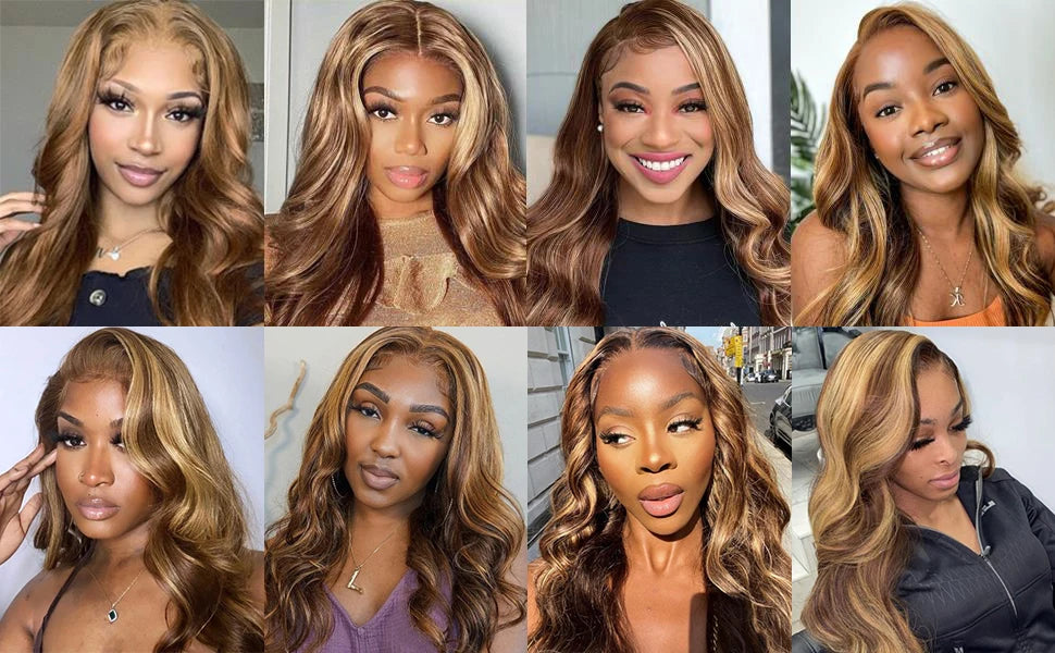 Ombre P4/27 Loose Body Wave Glueless Wig 13x4 Frontal Lace Wig 100% Human Hair Honey Blonde Highlight Wig 180% Density For Women