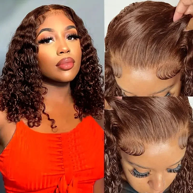 Brown Kinky Curly Bob Wig Deep Wave Frontal Wigs 13x4 HD Transparent Lace Frontal Wigs 00% Human Hair Brazilian Remy Hair