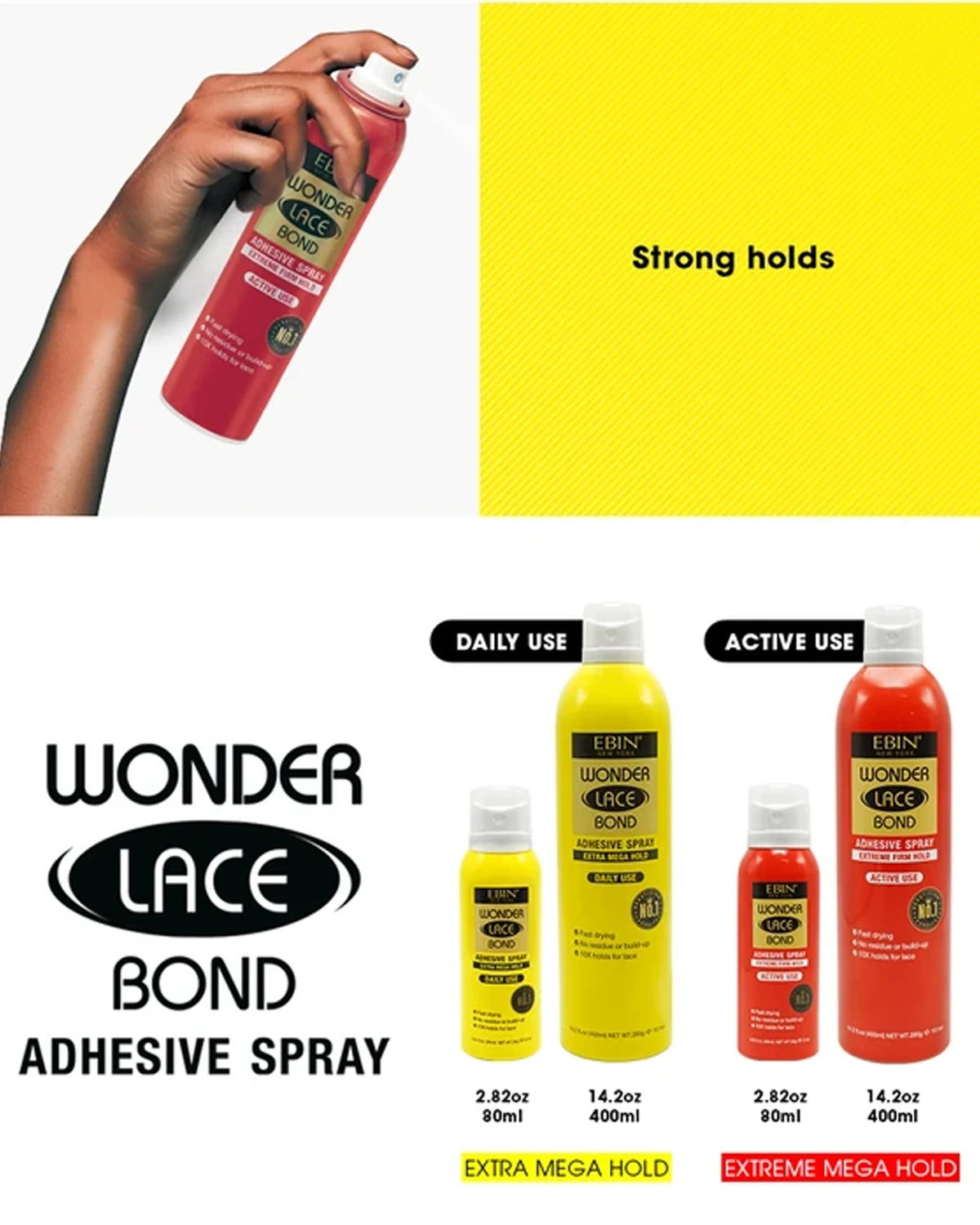 Ebin New York Wonder Lace Bond Adhesive Melting Spray Extreme Firm Hold Active Use - Ultra Strong Hold, Sweat & Water-Resistant