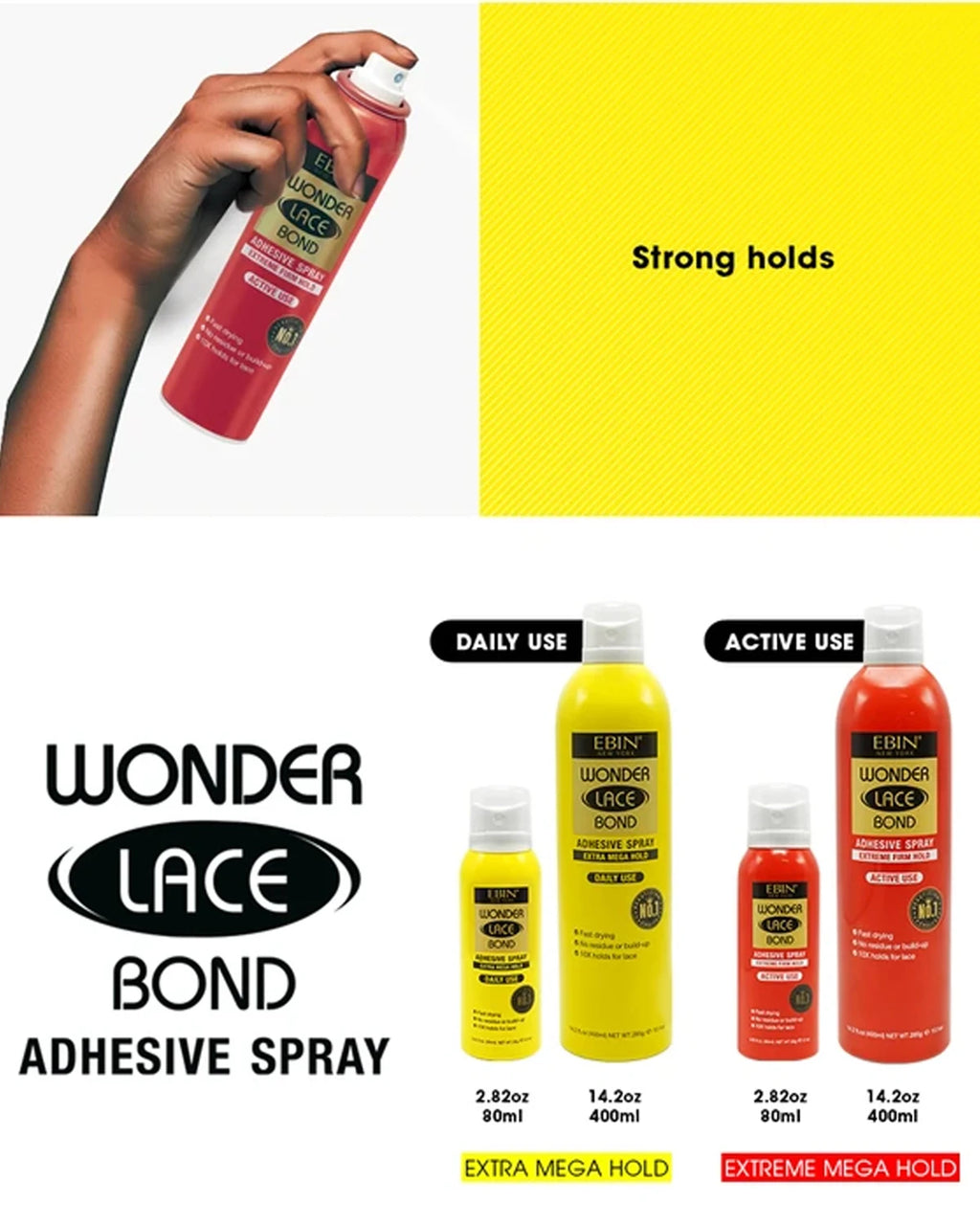 Ebin New York Wonder Lace Bond Adhesive Melting Spray Extra Mega Hold Daily Use - Long lasting Hold, Ideal for Lace Wigs