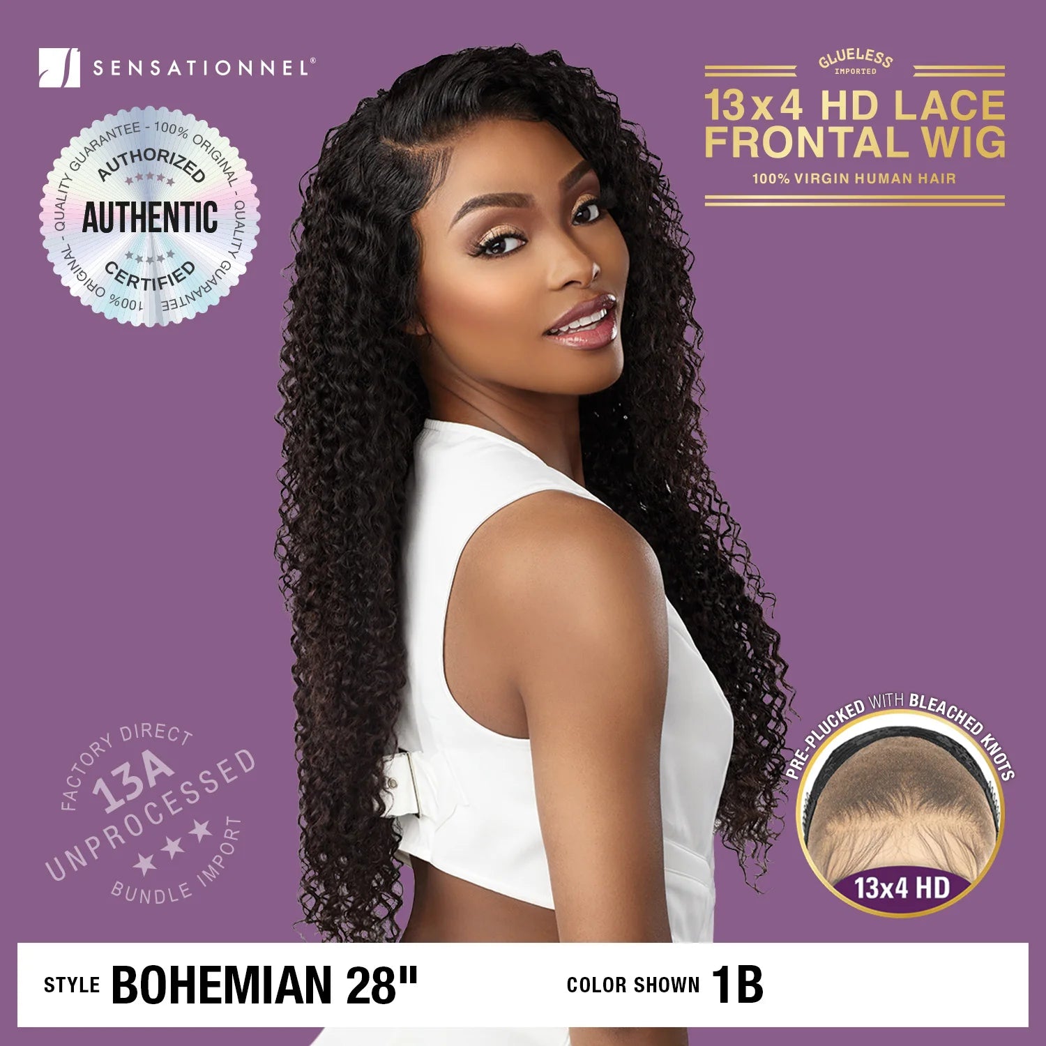 Sensationnel Unprocessed Virgin Human Hair 13X4 HD Lace Frontal Wig Glueless 13A Bohemian20"&28" - Long Curly Style, Tangle Free