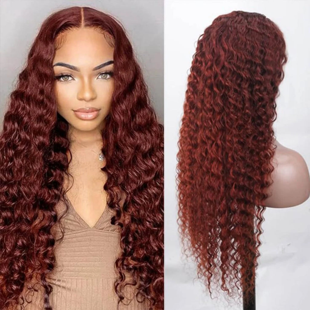 Glueless Reddish Brown Deep Wave Frontal Wig 250 Density Copper Red Curly 100% Brazilian Human Hair Wig 13x4 HD Lace Frontal Wig