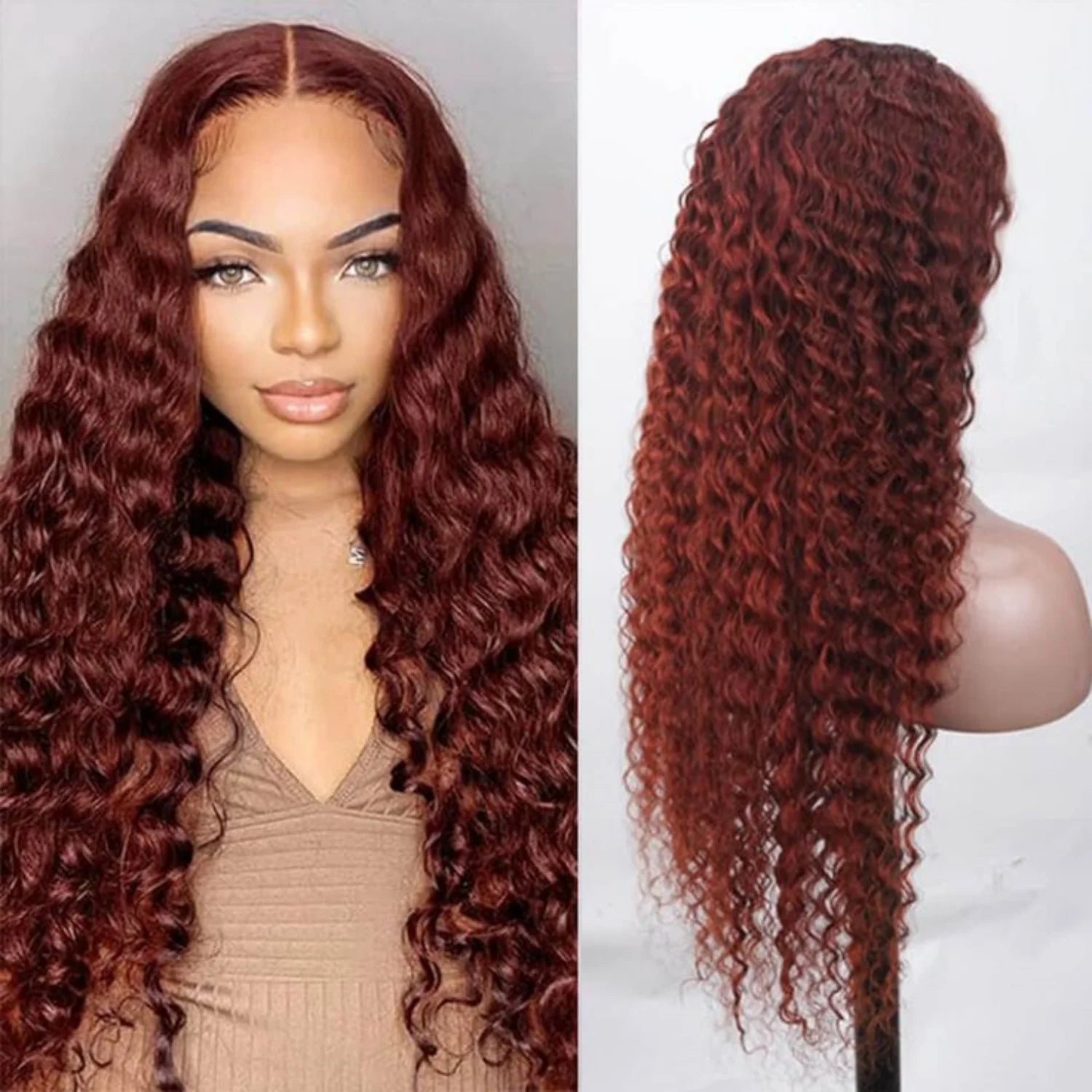 Glueless Reddish Brown Deep Wave Frontal Wig 250 Density Copper Red Curly 100% Brazilian Human Hair Wig 13x4 HD Lace Frontal Wig