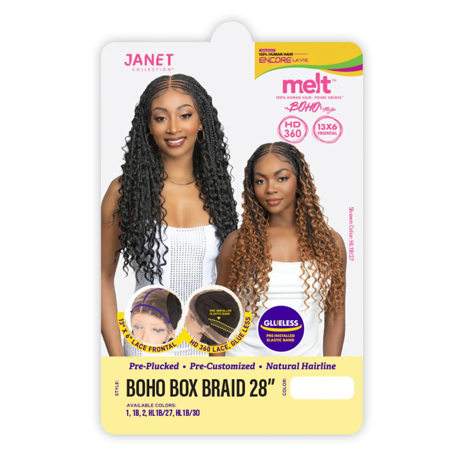 Janet Collection Human Hair Blend HD Lace Frontal Synthetic Wig 360 Glueless Melt Hand-Tied 13X6 Boho Box Braid 28"