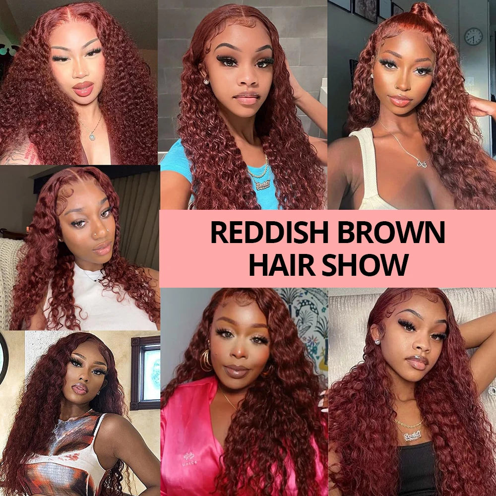 13x4 HD Lace Frontal Wig 40 Inch Brazilian Deep Wave Glueless Lace Wig in Dark Reddish Brown with 7x5 Closure Human Hair Wig
