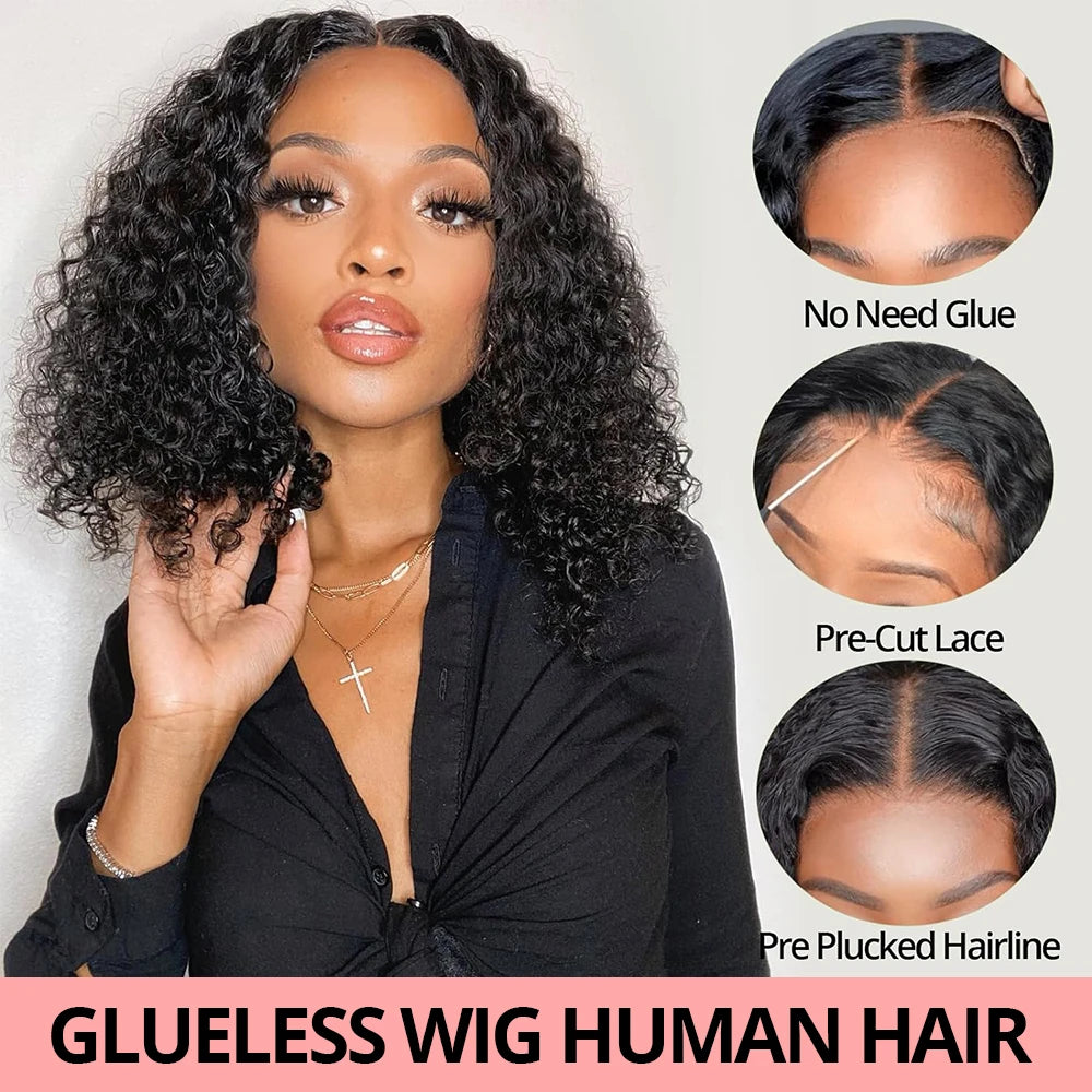 Water Wave 4x4 Closure Wigs Human Hair Glueless Bob Wig Human Hair Pre Plucked 13x4 Deep Curly Lace Front Wig 180% Density Full
