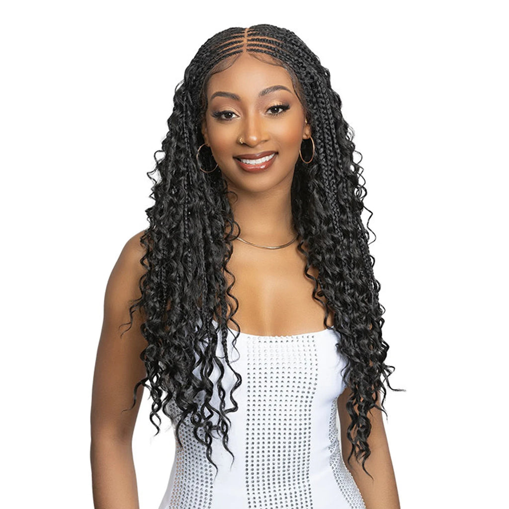 Janet Collection Human Hair Blend HD Lace Frontal Synthetic Wig 360 Glueless Melt Hand-Tied 13X6 Boho Box Braid 28"