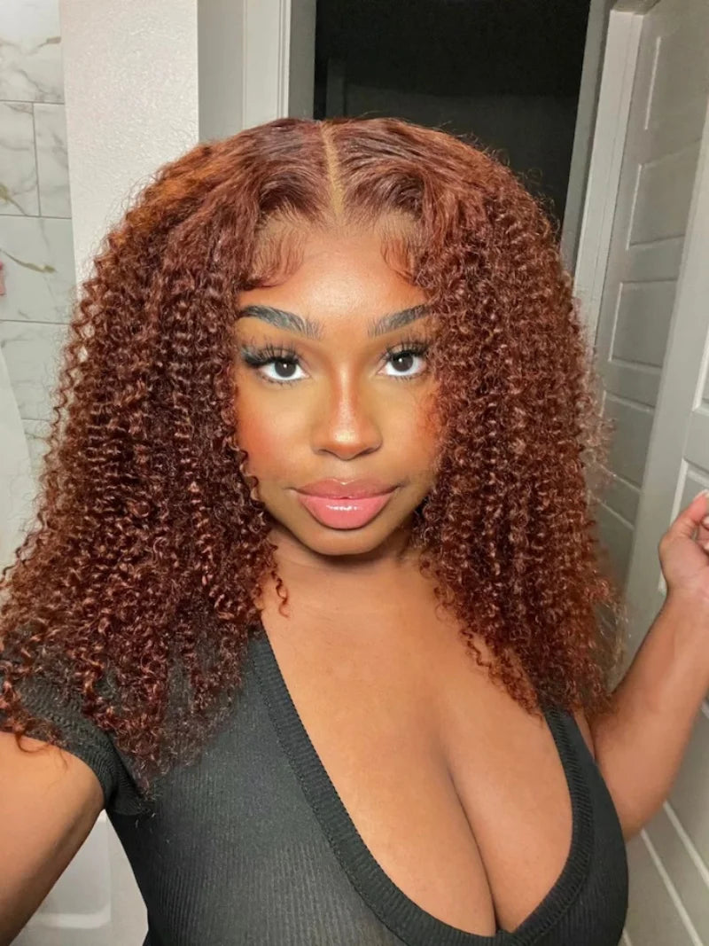 180% Density Copper Red Glueless Reddish Brown Deep Lace Short Bob Frontal Wigs 13x4 Lace Frontal Wigs Remy Curly Hair