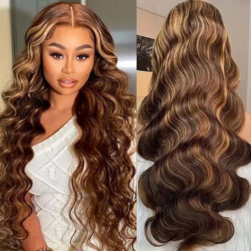 Highlight Brown 13x6 HD Lace Front Wig Body Wave Hair P4/27 Ombre Color 7x5 Glueless Human Hair Lace Frontal Wigs 250% Density