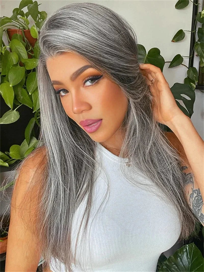 13x4 HD Transparent Pepper Gray Beginner Friendly Straight Lace Front Wigs 250 Density Glueless Straight Wig 100% Human Hair Wig