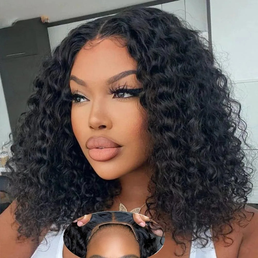 Water Wave 4x4 Closure Wigs Human Hair Glueless Bob Wig Human Hair Pre Plucked 13x4 Deep Curly Lace Front Wig 180% Density Full