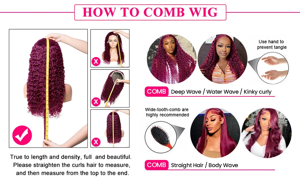 250 Density 30 Inch 13x4 99J Burgundy Deep Wave Lace Frontal Wig Curly Lace Front HD Lace Frontal Human Hair Wigs For Womem