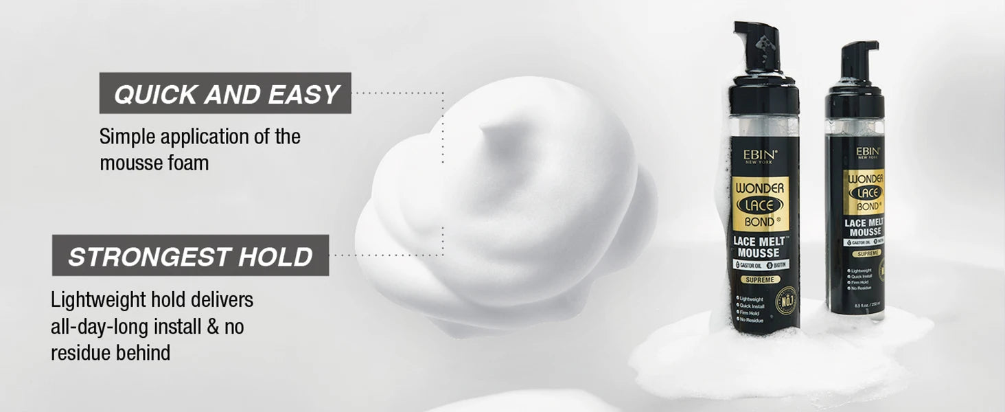 Ebin New York Wonder Lace Bond Lace Melt Mousse Supreme 8.5oz/ 250ml - Maximum Hold, Ideal for Seamless Lace Melts