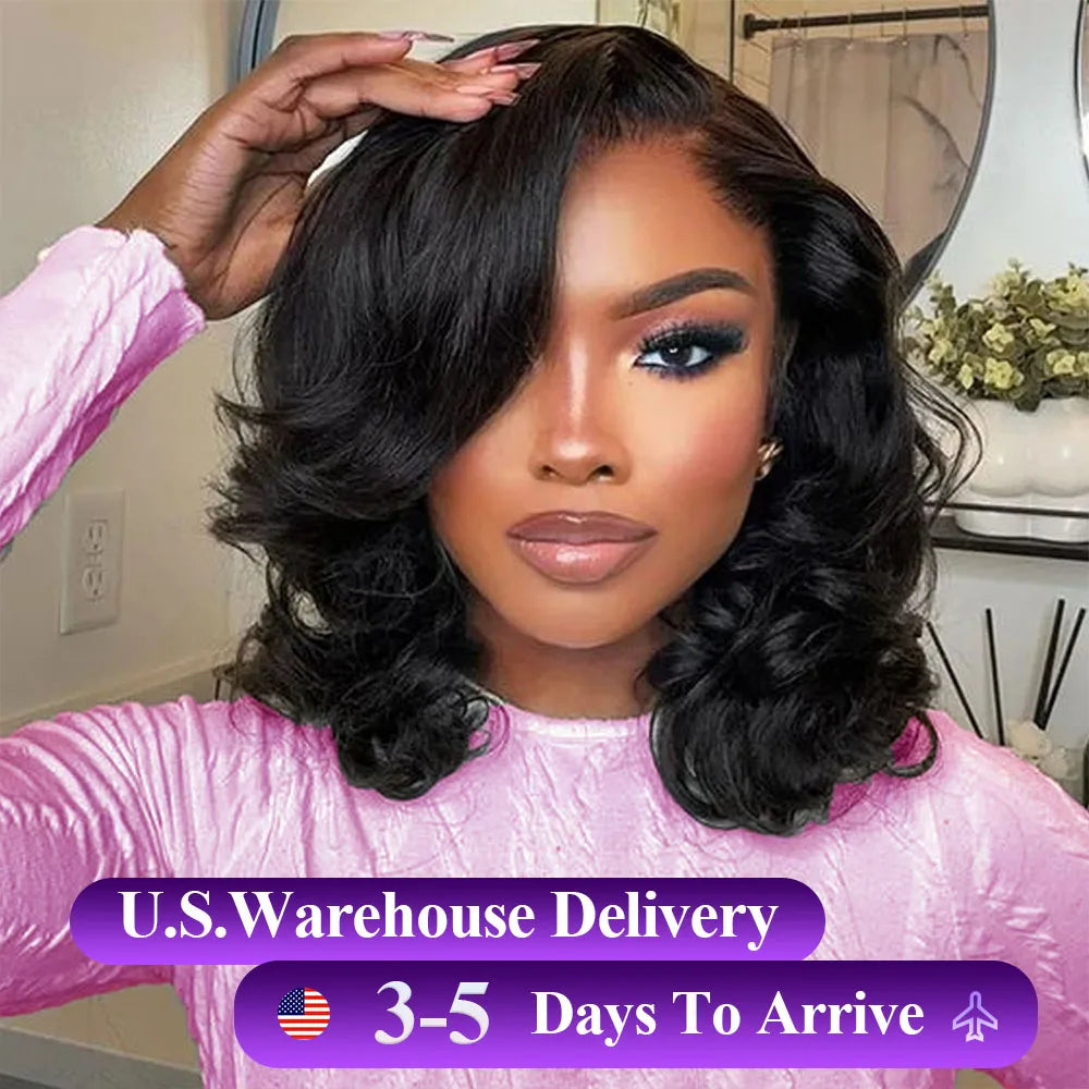 180% Layered Cut Short Bob Glueless Wigs Human Hair Pre Cut 5x5 HD Lace Closure Wig  Wig Pre Plucked Side Parted Natural Black