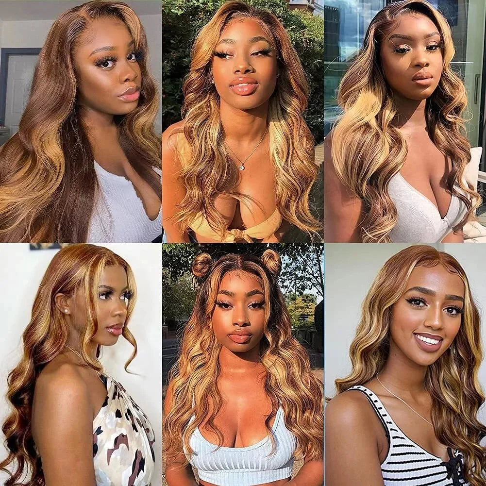 Highlight Brown 13x6 HD Lace Front Wig Body Wave Hair P4/27 Ombre Color 7x5 Glueless Human Hair Lace Frontal Wigs 250% Density